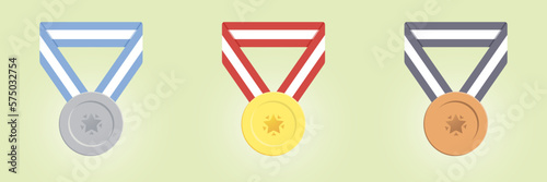 Gold, silver and bronze medals on a light green background. Vector illustration in flat style.