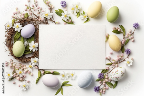 Happy Easter concept with easter eggs in nest and spring flowers. Easter background with copy space, flat lay, Generative AI