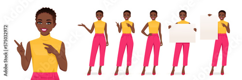 Young African American woman bright colors clothes in different poses set. Various gestures - pointing, showing, holding empty blank board isolated vector illustration