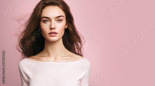 Beautiful young woman on pink background with copy space. Digitally AI generated image.