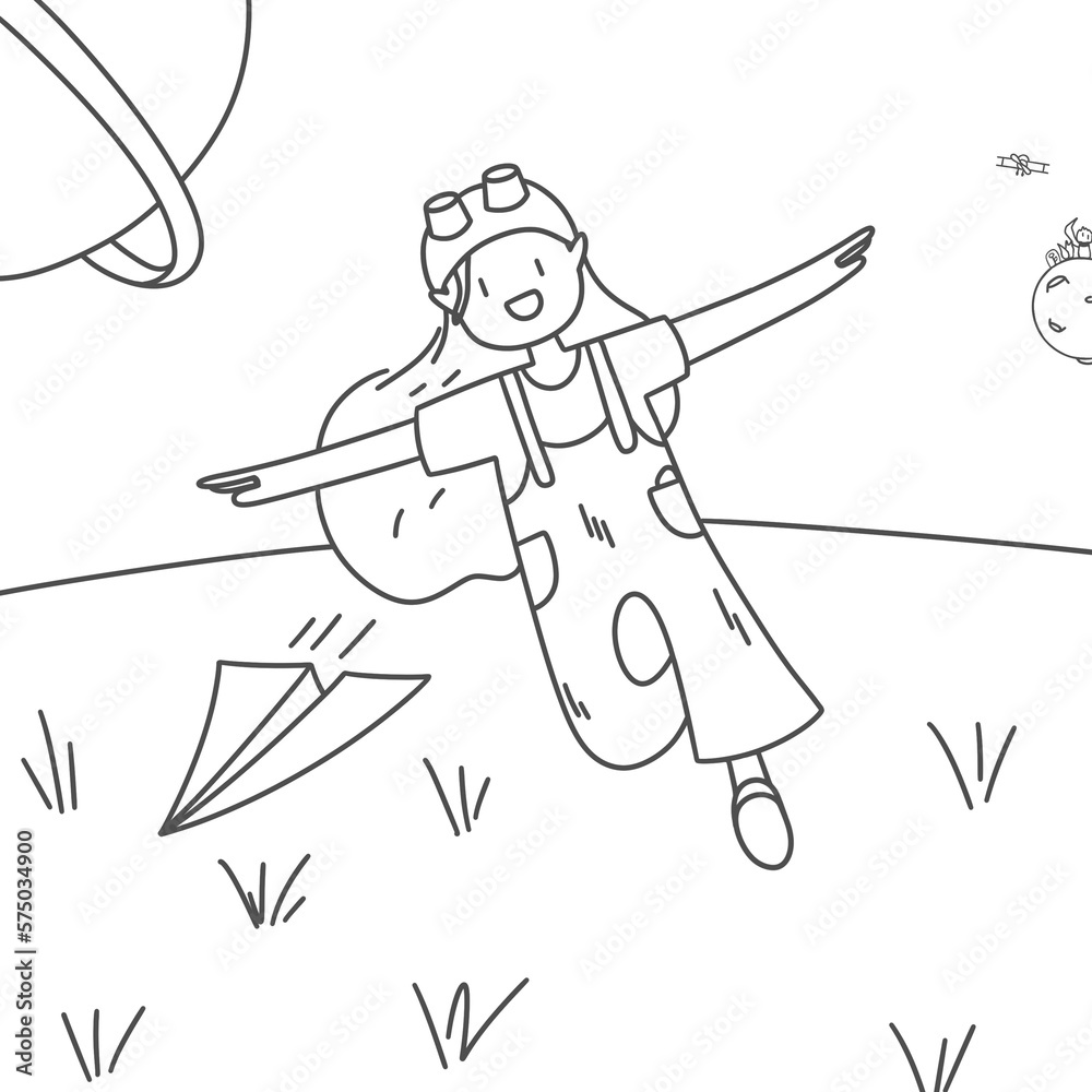 Book story illustration. The girl runs across the field. The girl runs by plane, throws a toy plane. Planets in the background