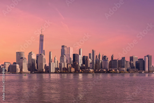Amazing panoramic view of New York City skyline and skyscraper at sunset. Beautiful view of downtown Manhattan © ververidis