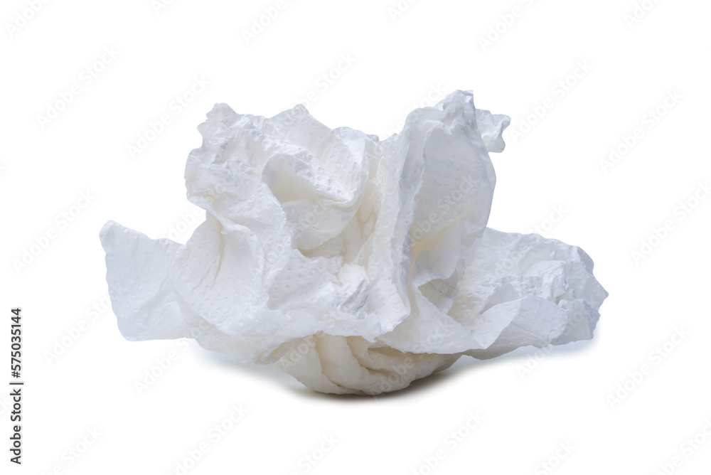 Single screwed or crumpled tissue paper or napkin in strange shape after use in toilet or restroom isolated on white background with clipping path and shadow in png file format