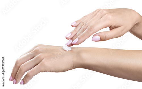 Beautiful woman hands applying moisturizing hand cream, cut out