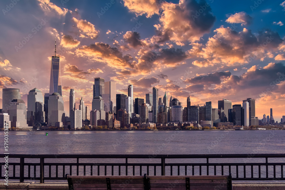 Amazing panoramic view of New York City skyline and skyscraper at sunset. Beautiful view of downtown Manhattan