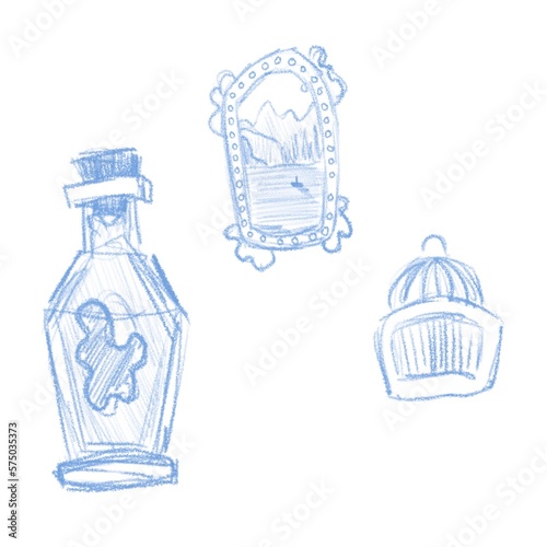 cute items in blue monochrome palette.  bottle (decanter), mirror (picture), cage (box)