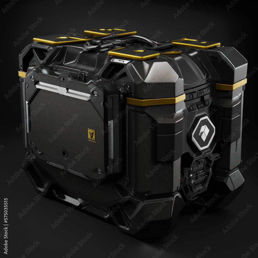 Black and yellow suitcase on black background. Generative AI.
