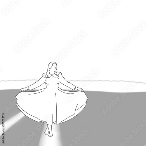 girl with pigtails in a dress in an open field.  in line style