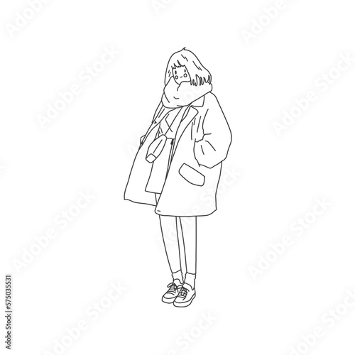 a girl with a square in fashionable clothes - in a kurta, in a scarf, in a skirt, in sneakers.  line style