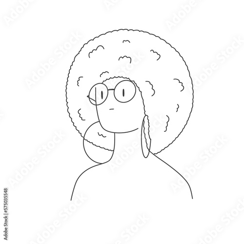 a girl with an afro hairstyle, round glasses and large earrings.  line style