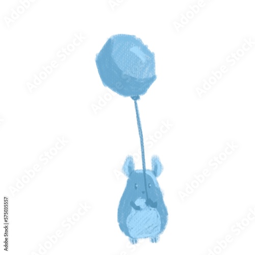 chinchilla holds a helium balloon in his hand.  blue monochrome palette
