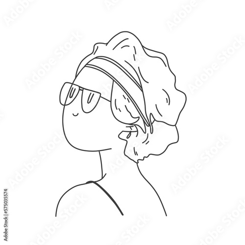 a girl with a square, glasses and a sports bandage enjoys.  line drawing