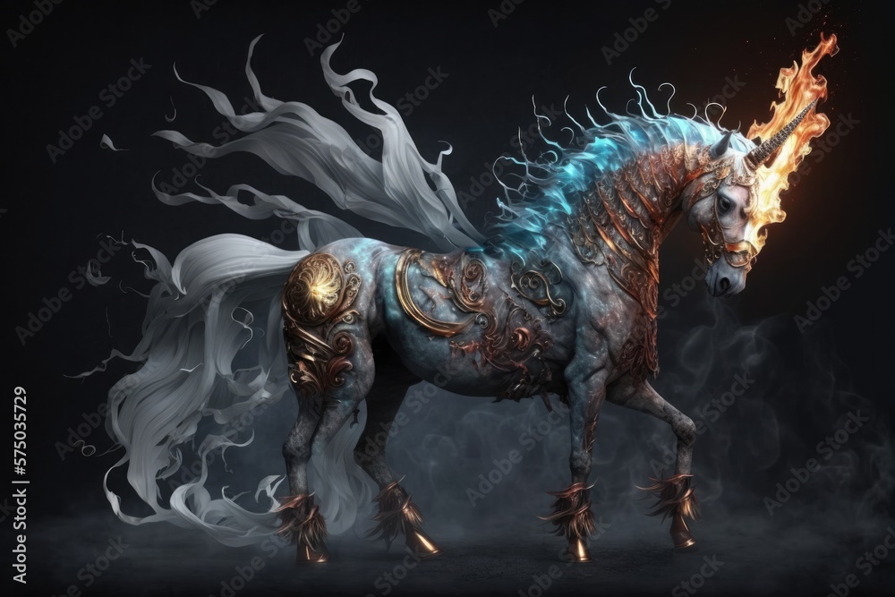 Fiery Eyed Unicorn Ornate Ice Fire Headdress. Generative AI