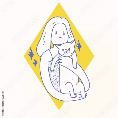 Portrait of a girl with a cat in her arms.  Lan pattern with minimalist background
