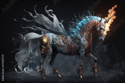 Fiery Eyed Unicorn Ornate Ice Fire Headdress. Generative AI