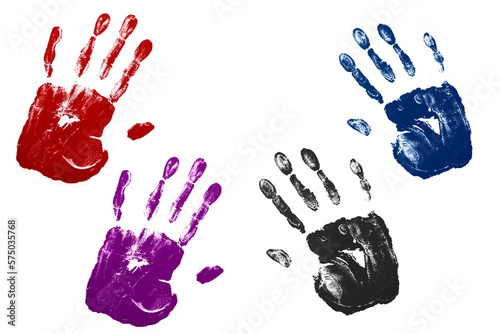 Mancha de manos con pintura. Manos de niños. Pinceladas de manos y dedos sobre fondo blanco. Manos de colores. Concepto de taller de pintura. photo