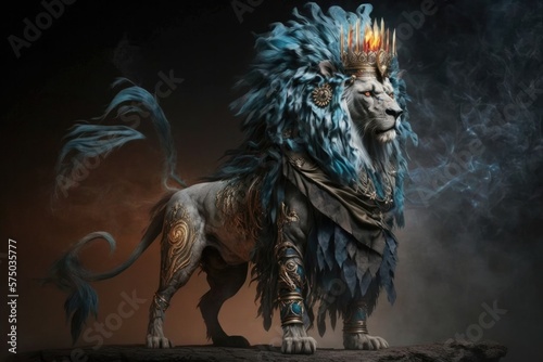 OrnateIce Fire Lion Headdress, Fiery Eyes. Generative AI