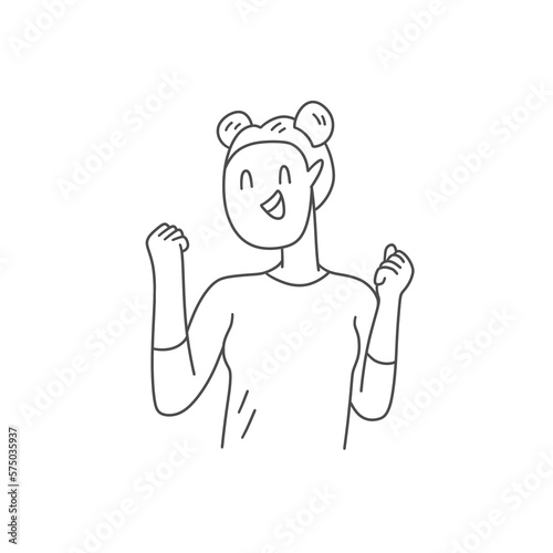 a girl with a neat hairstyle in a T-shirt happily raised her hands