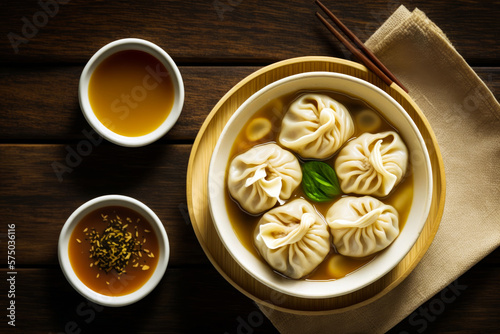 Bowl of dumplings sitting on wooden table. Generative AI.