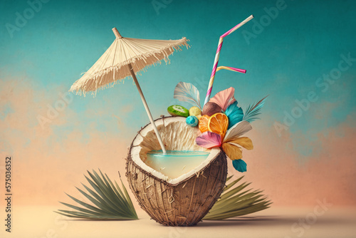 Fotografia, Obraz Tropical coconut juice cocktail drink. Generative ai