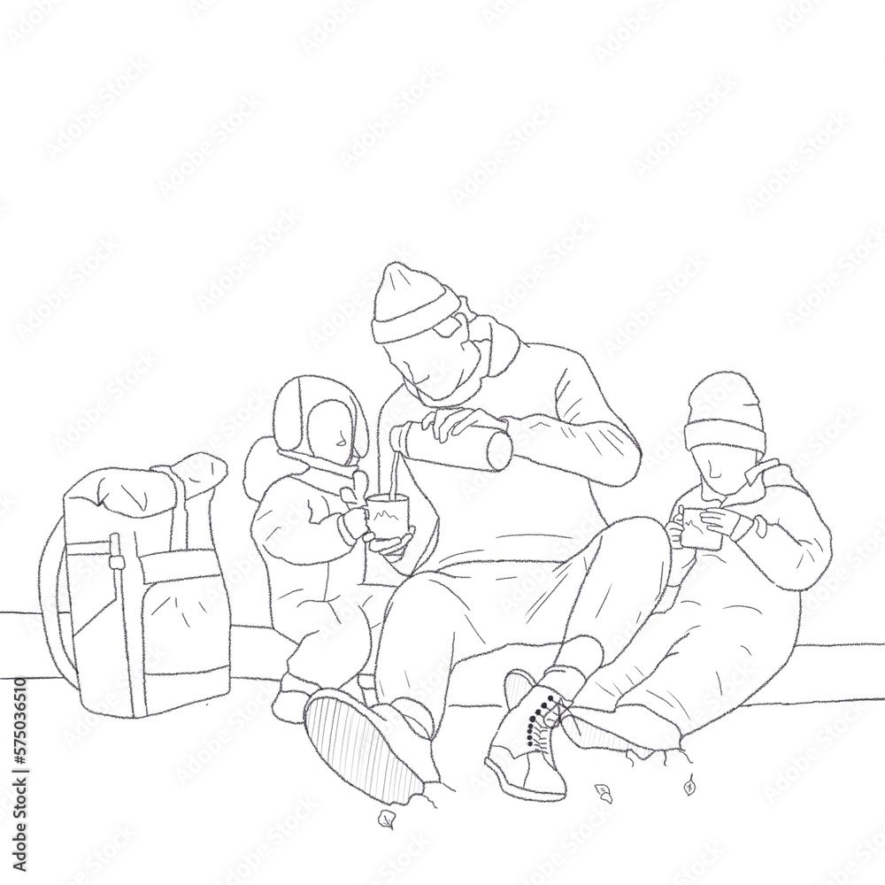 father with children on a hike at a halt have breakfast. line story illustration father with children on a hike at a halt have breakfast. line story illustration