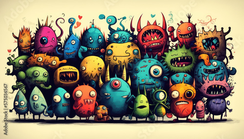 "Colorful Monster Doodle Art" - a series of fun and quirky monster illustrations in neon watercolor, with a colorful and lively doodle art style