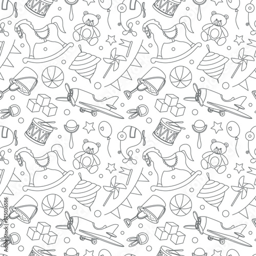 Baby Toys seamless Pattern on isolated background in monochrome black and white colors. Hand drawn outline backdrop with rocking horse and teddy bear for Newborn shower party or childish textile.