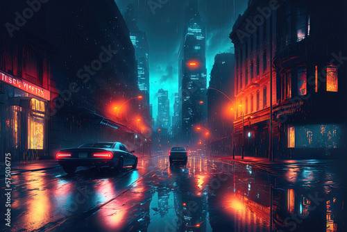 Night neon city in the rain  reflection of neon light in puddles and water. AI