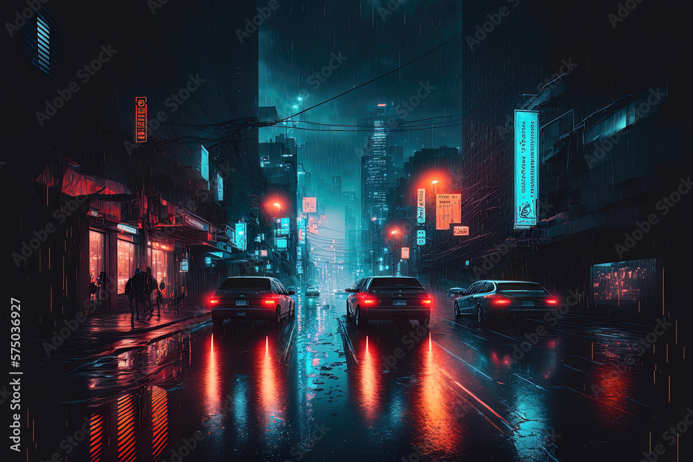 Night neon city in the rain, reflection of neon light in puddles and water. AI