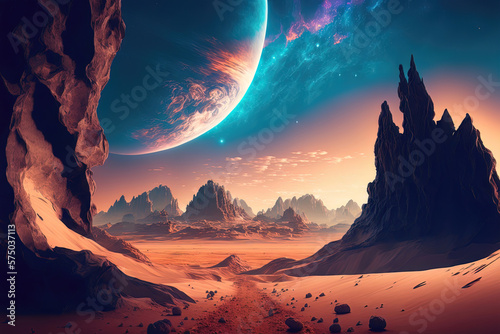 Fantasy neon landscape of a distant unknown planet. AI