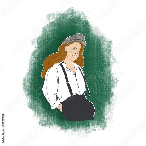 girl with red hair and freckles in classic clothes - in a shirt, trousers with suspenders and a flat cap