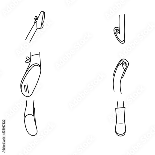 set of legs in different shoes - sandals, boots, boots, slippers