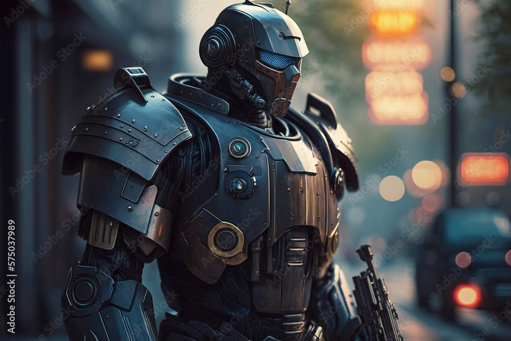 Futuristic robot police standing in city street. Generative AI