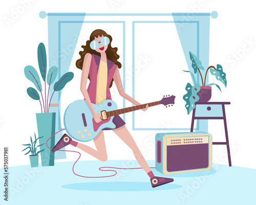 Young musicians play the guitar happily at home parties.