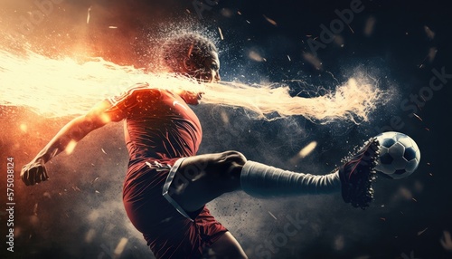Powerful hit ball with fire trail effect of soccer player at football game, strong soccer ball kicking, world cup soccer championship concept. Man staunchly playing with football ball, generative AI photo