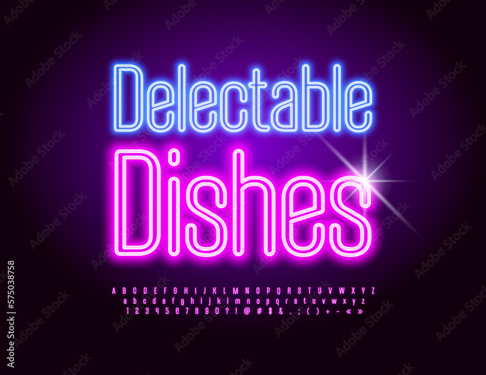 Vector advertising sign Delectable Dishes. Set of Illuminated Alphabet Letters, Numbers and Symbols. Purple Neon Font