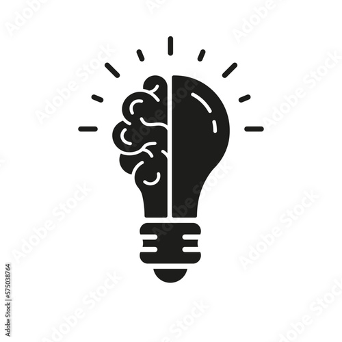 Human Brain and Lightbulb Creative Idea Silhouette Line Icon. Innovation Sign. Light Bulb Inspiration, Knowledge, Smart Solution Glyph Symbol. Isolated Vector Illustration