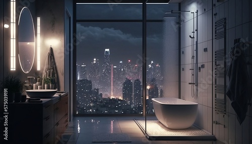 Contemporary luxurious bathroom and shower with white tiles and basin overlooking city landscape, generative AI