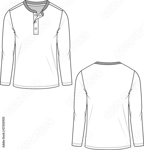 Mens Casual Henley neck long sleeve t-shirt technical fashion flat sketch drawing design-01