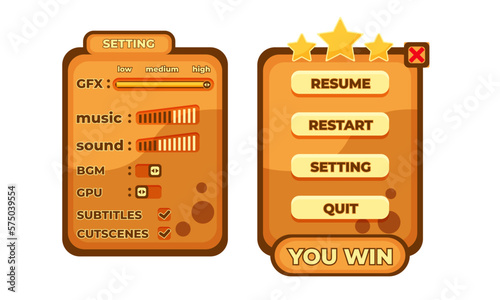 Complete set of level button game pop-up, icon, window and elements for creating medieval RPG video games