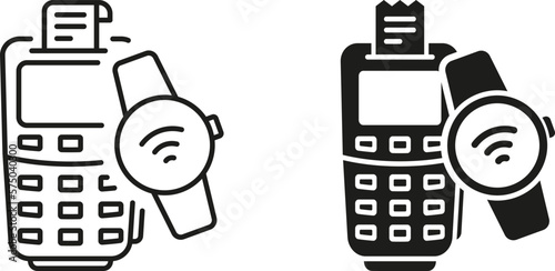 Smartwatch and Bank Terminal Wireless Payment Line and Silhouette Icon Set. Pay by Smart Watch for Purchase Pictogram. POS and Electronic Bracelet Symbol Collection. Isolated Vector Illustration