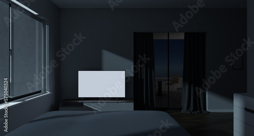 Modern master bedroom with white screen tv and balcony or patio area at night, 3d rendering. Digital illustration of a contemporary room with sliding window to a lounge zone, real estate generic image