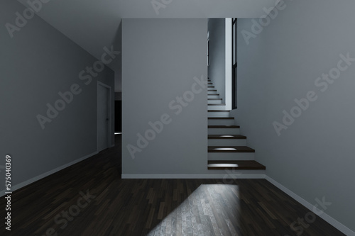 3d rendering of entrance hall at home, no furniture, night moonlight. Digital illustration of a generic interior residential house space, real estate image