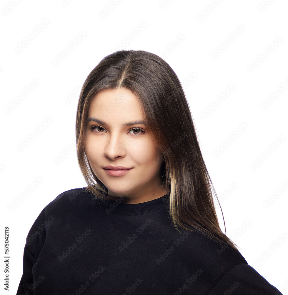 close-up headshot portrait of a brunette girl, on a white background isolate. close-up headshot portrait of a brunette girl, on a white background isolate.