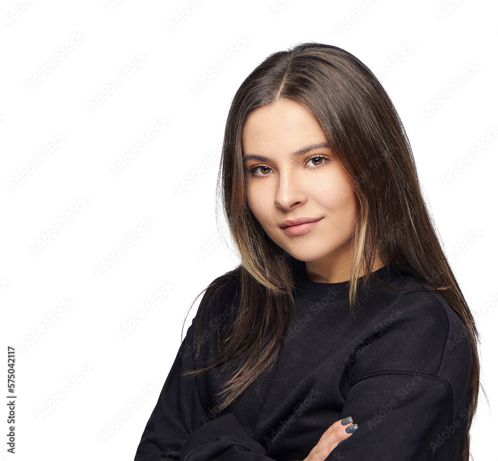Close-up headshot portrait of a brunette girl, on a white background isolate. Close-up headshot portrait of a brunette girl, on a white background isolate.