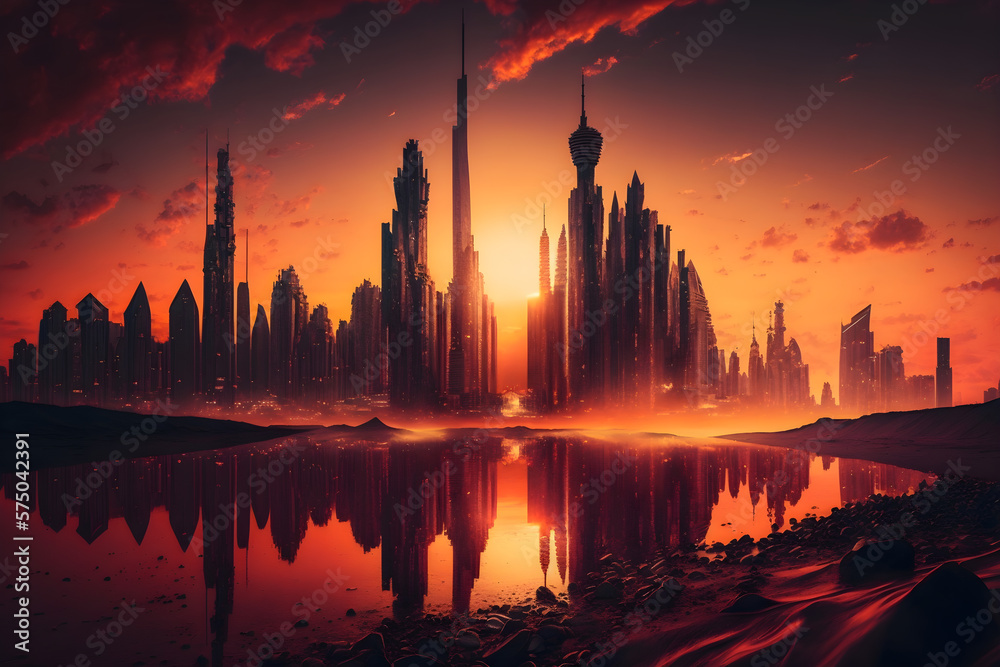 Naklejka premium Sunset landscape city with generative AI technology