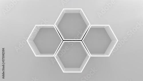Four empty hexagon shelves on white wall 3D mockup. Shop, gallery plastic or wooden showcase to present product. Blank retail storage space. Interior design furniture. Living room bookshelf