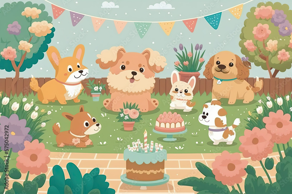 Naklejka premium Card for birthday dog party or garden puppy picnic with happy dog