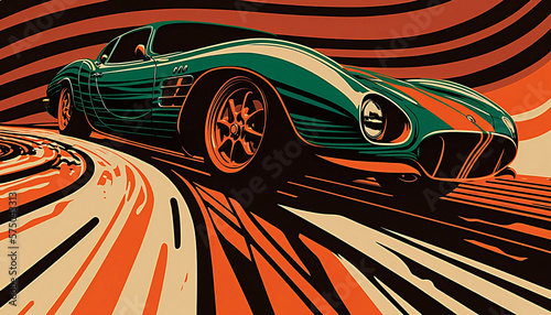 vintage retro style illustration of a retro sport super car on road at sunset sunrise sky with speed lines background, new quality transport stock image wallpaper design, Generative AI
