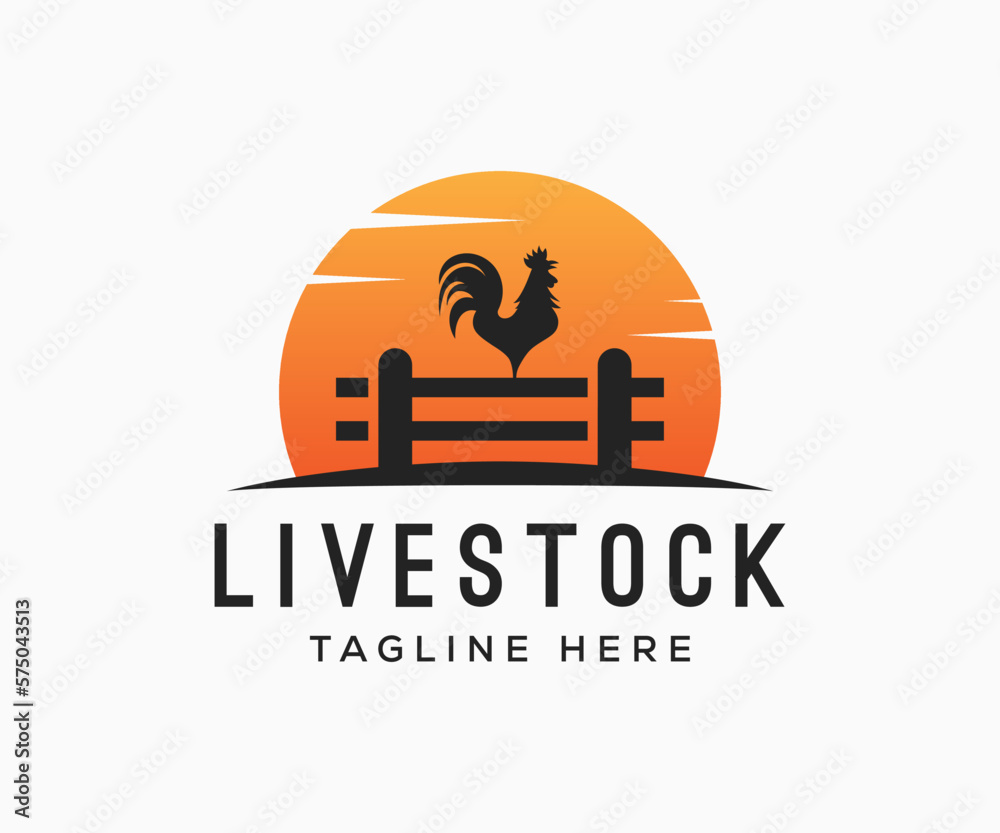Chicken farm logo vector illustration design. Rooster on fence vintage logo design. Livestock logo